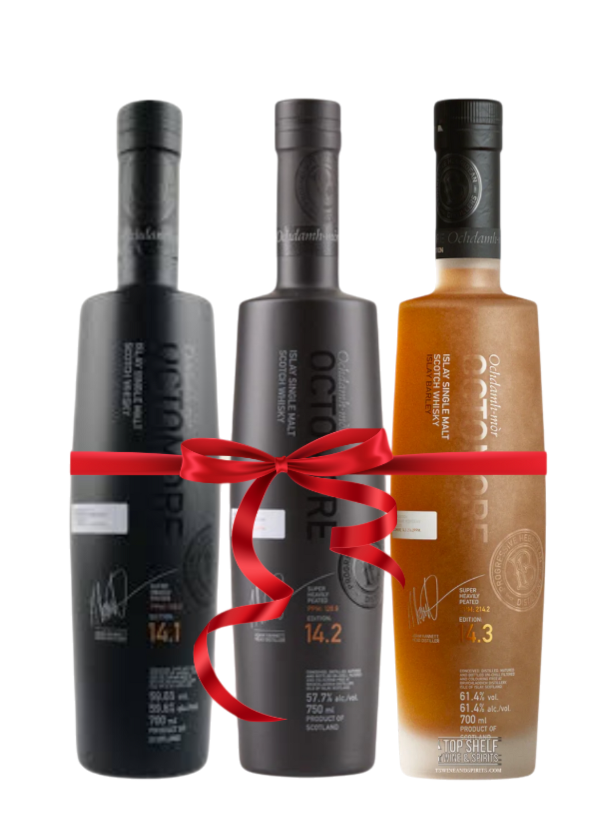 Preet's Liquors Octomore 14 Series trio bundle featuring three bottles of heavily peated Islay single malt Scotch whisky