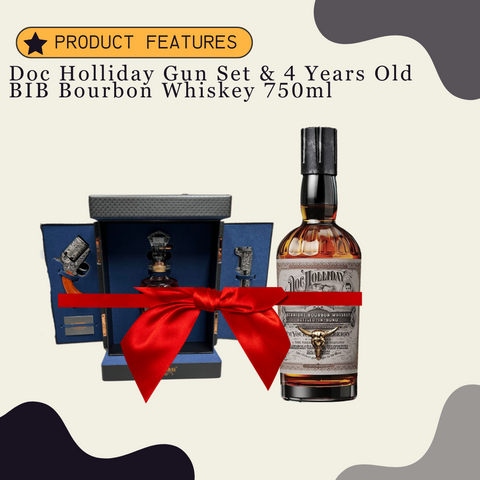 Doc Holliday Gun Set & 4 Years Old BIB Bourbon Whiskey 750ml