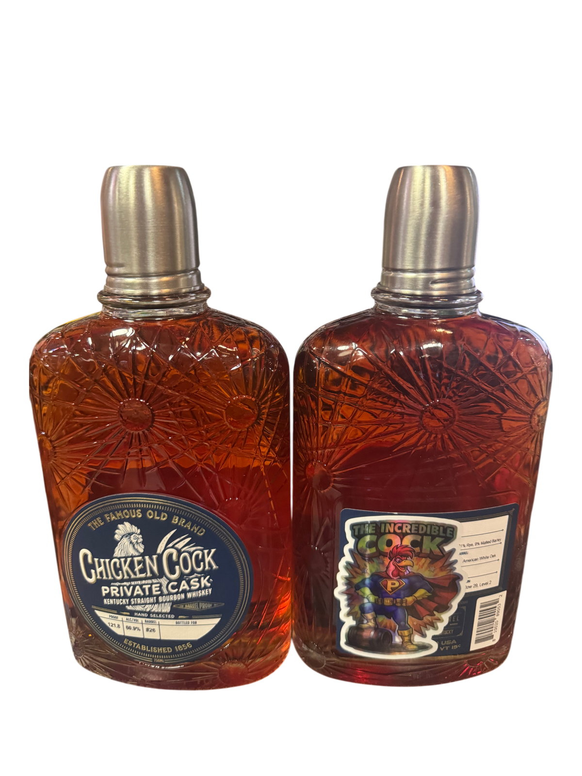 Preet's Liquors Chicken Cock Private Cask 7-year Kentucky straight bourbon whiskey in ornate glass bottles