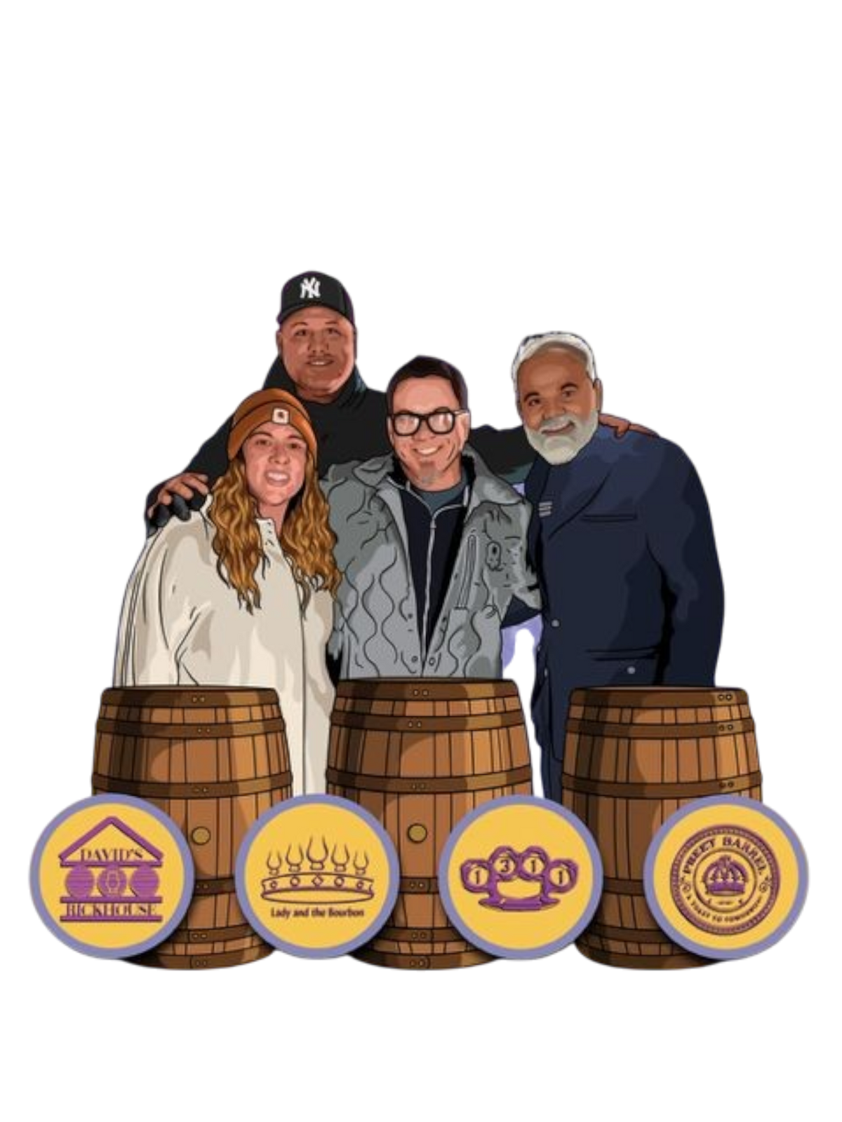 Illustration of four people standing behind three wooden bourbon barrels with Preet's Liquors custom barrel emblems.