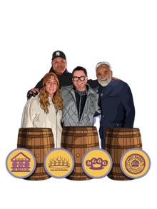 Illustration of four people standing behind three wooden bourbon barrels with Preet's Liquors custom barrel emblems.