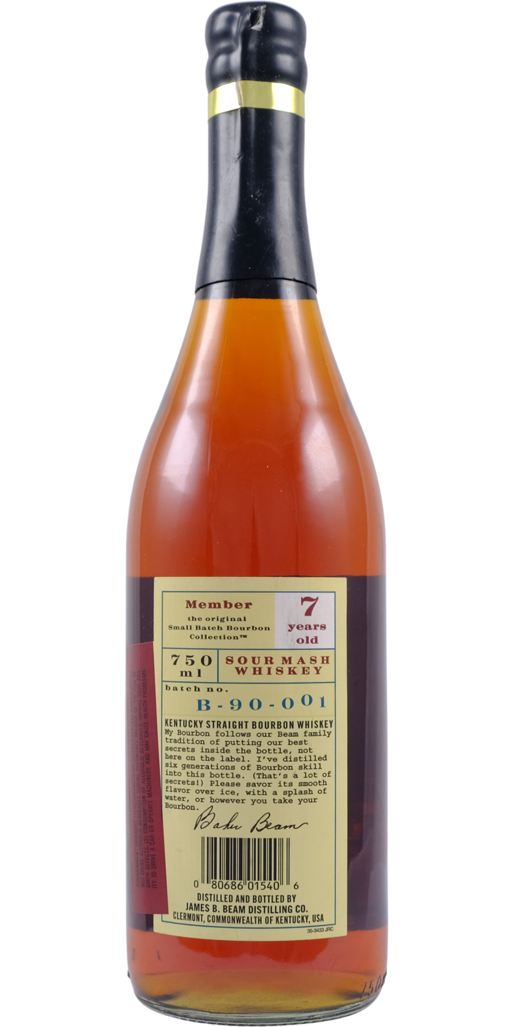 B-Baker's 7 Years ,B-90-001 Sour Mesh Whiskey, 750ml Back of Bottle 