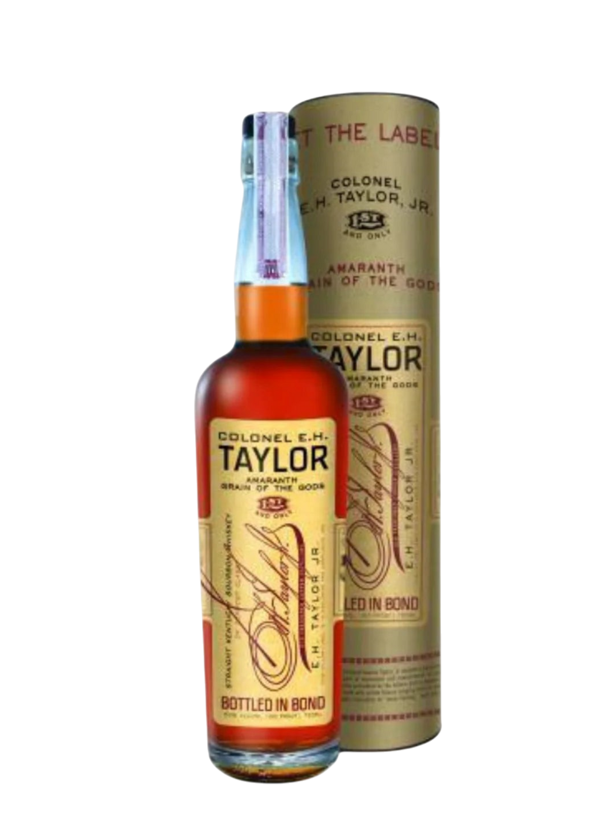 Preet's Liquors Colonel E.H. Taylor Amaranth Grain of the Gods bourbon bottle with matching cylindrical gift tube.