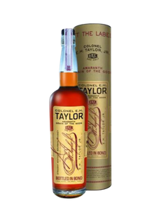 Preet's Liquors Colonel E.H. Taylor Amaranth Grain of the Gods bourbon bottle with matching cylindrical gift tube.