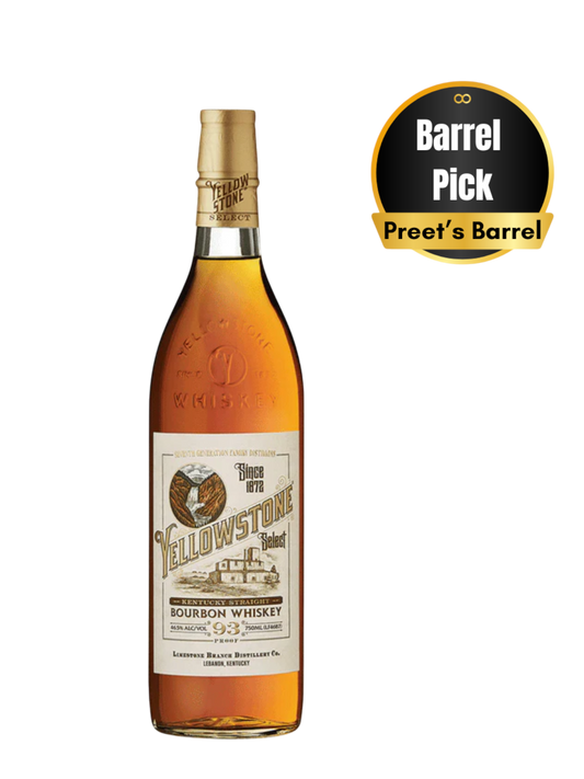Preet's Liquors Yellowstone Bourbon Barrel Pick 750ml bottle with gold foil and custom barrel pick sticker