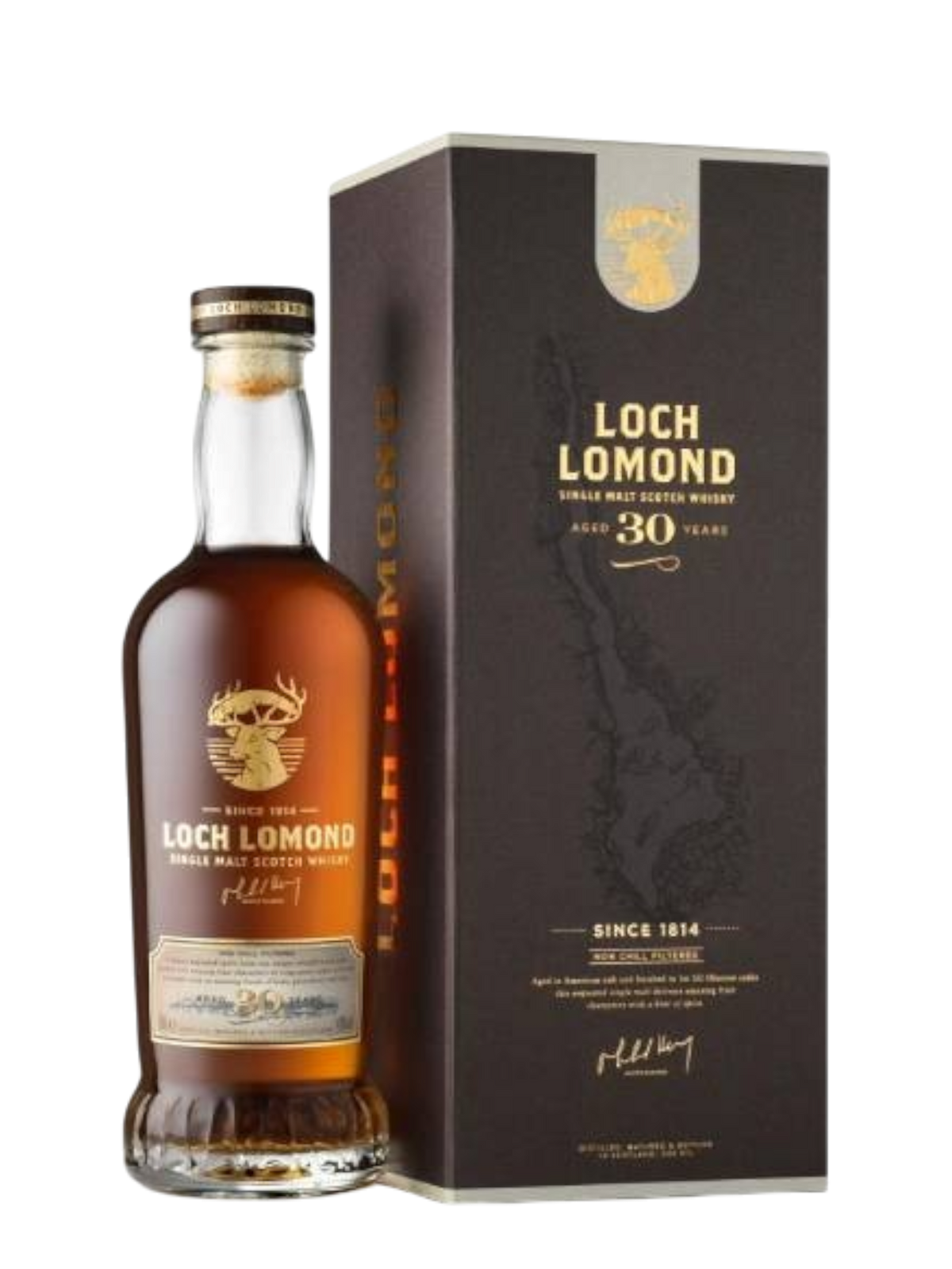 Preet's Liquors Loch Lomond 30 Year Old single malt scotch whisky bottle with its dark grey presentation box.