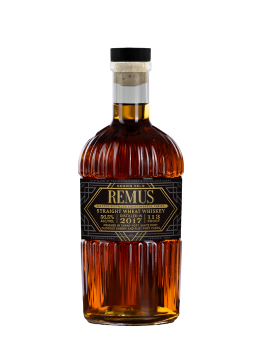 Bottle of Remus Straight Wheat Whiskey on a white background