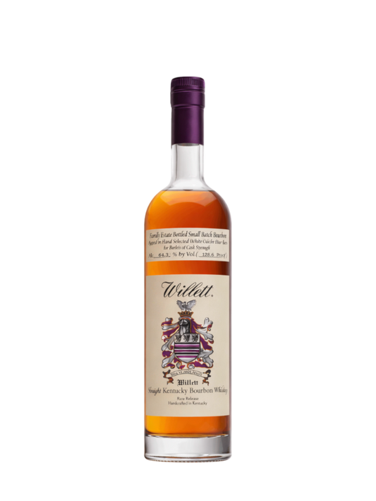 Preet's Liquors Willett Small Batch Bourbon Cask Strength whiskey bottle with purple cap and ornate crest label