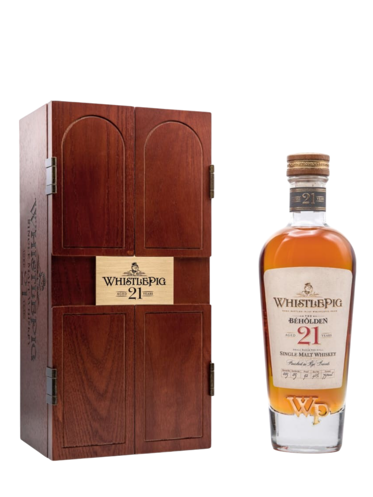 Preet's Liquors WhistlePig The Béhôlden 21 Year Old single malt whiskey bottle with its wooden presentation case.