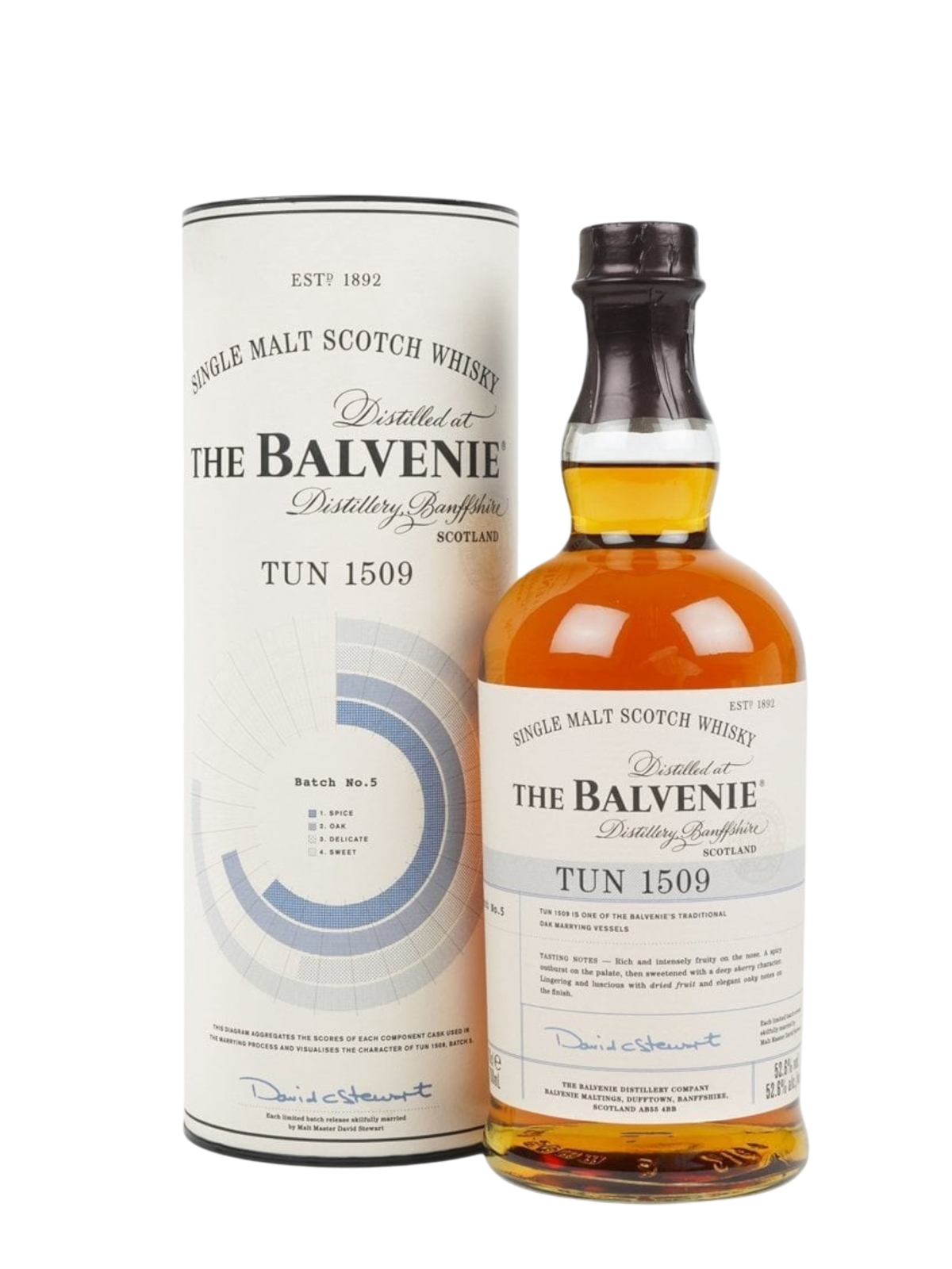 Preet's Liquors Balvenie Tun 1509 Batch 5 single malt Scotch whisky bottle with its matching cylindrical gift tube.