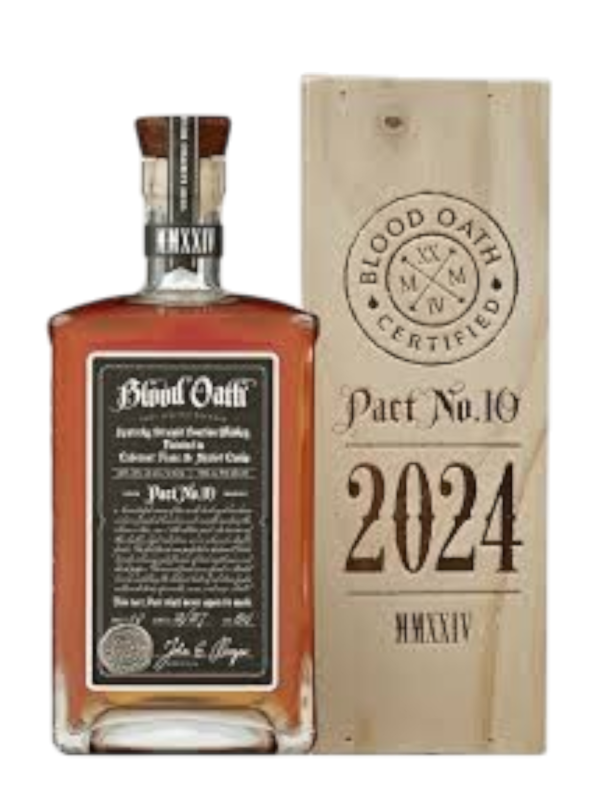 Preet's Liquors Blood Oath Pact 10 Kentucky Bourbon 2024 edition in a glass bottle with a wooden display box
