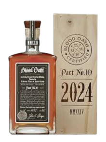 Preet's Liquors Blood Oath Pact 10 Kentucky Bourbon 2024 edition in a glass bottle with a wooden display box