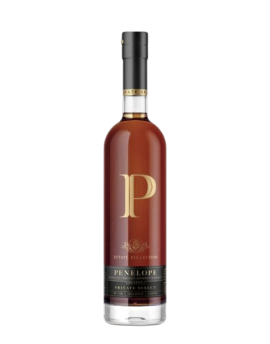 Preet's Liquors Penelope Estate Collection Private Select 10 Year Bourbon in a glass bottle with gold label details.