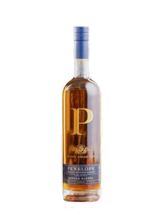 Preet's Liquors Penelope 10 Year Estate Collection Single Barrel Bourbon bottle with gold logo and blue label
