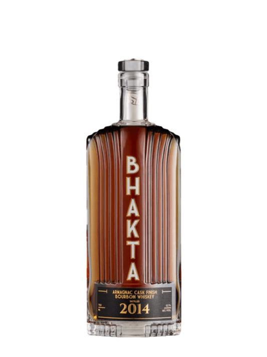 Preet's Liquors Bhakta 2014 Armagnac Cask Finish Bourbon Whiskey in a tall, ribbed glass bottle with gold lettering.