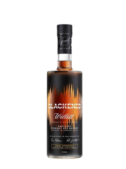 Preet's Liquors Blackened x Willett Kentucky Straight Rye Whiskey bottle with a distinctive sound wave label design