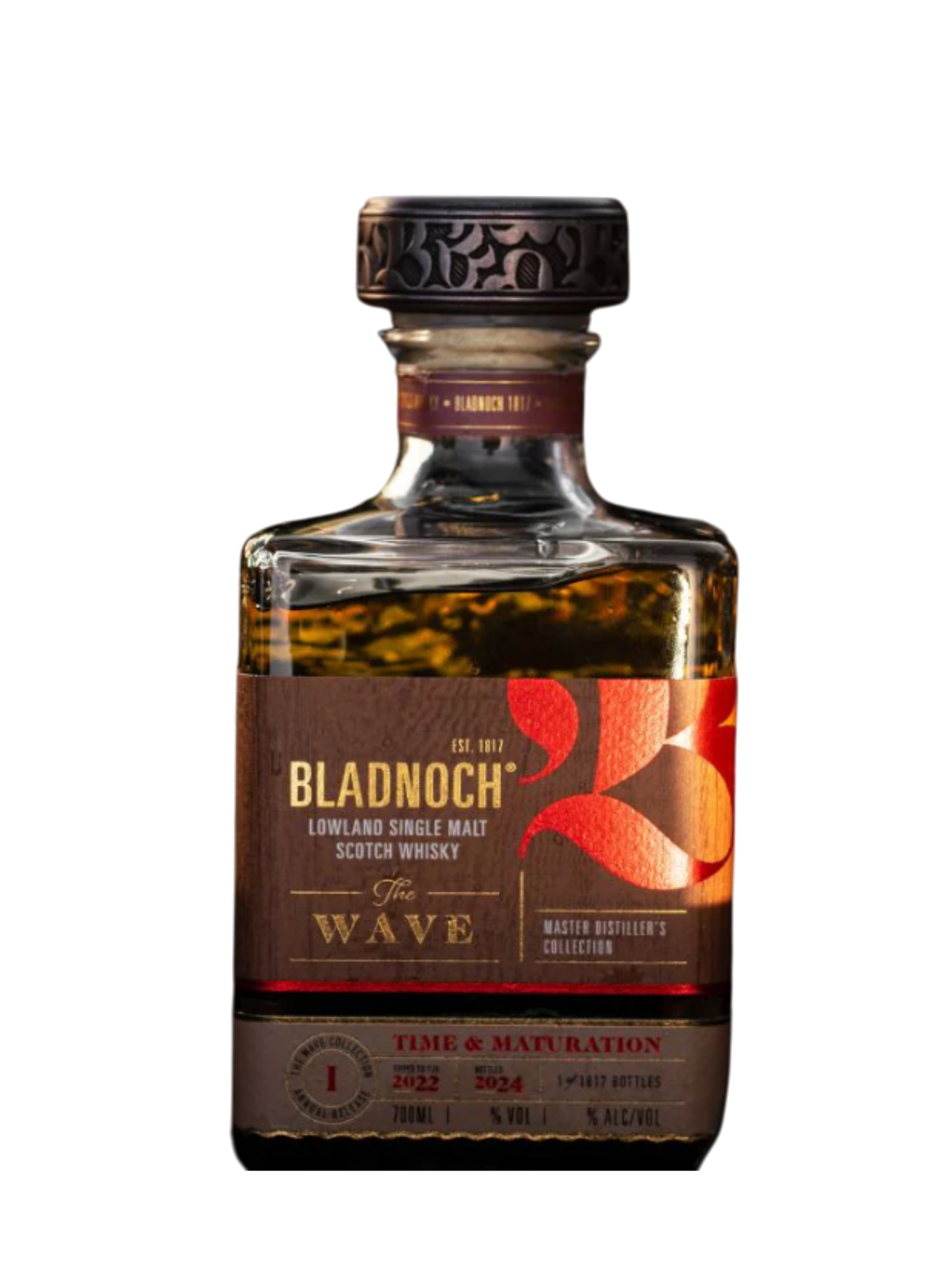 Preet's Liquors Bladnoch The Wave 1 Lowland Single Malt Scotch Whisky bottle emerging from dark rippling water