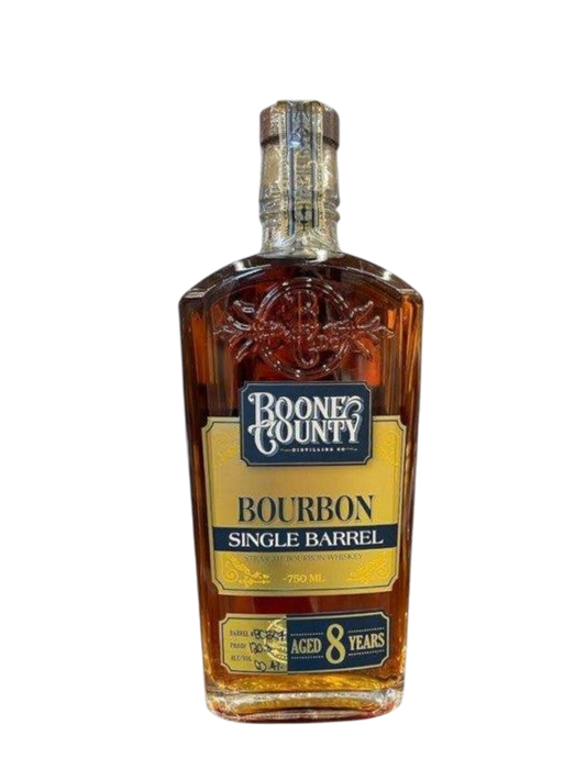 Preet's Liquors bottle of Boone County 8 Years Old Single Barrel Bourbon Whiskey with gold and blue label