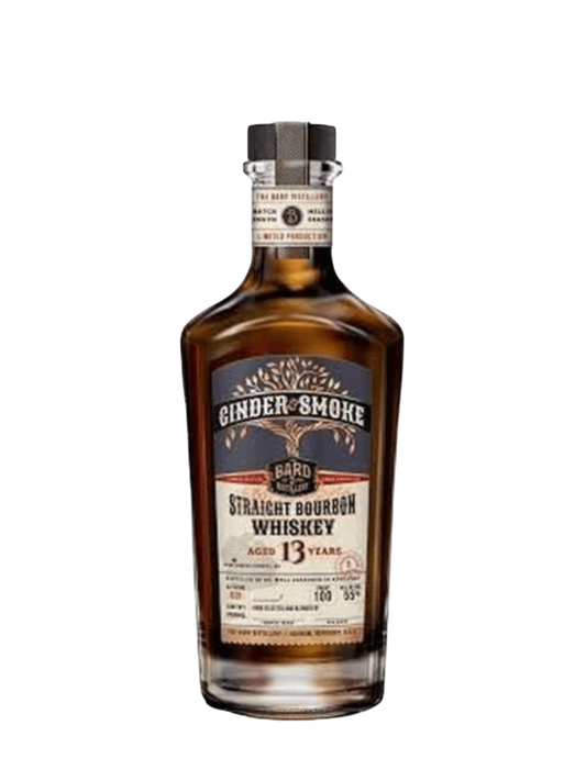 Preet's Liquors bottle of The Bard Distillery Cinder & Smoke 13 Year Old Straight Bourbon Whiskey with amber liquid.