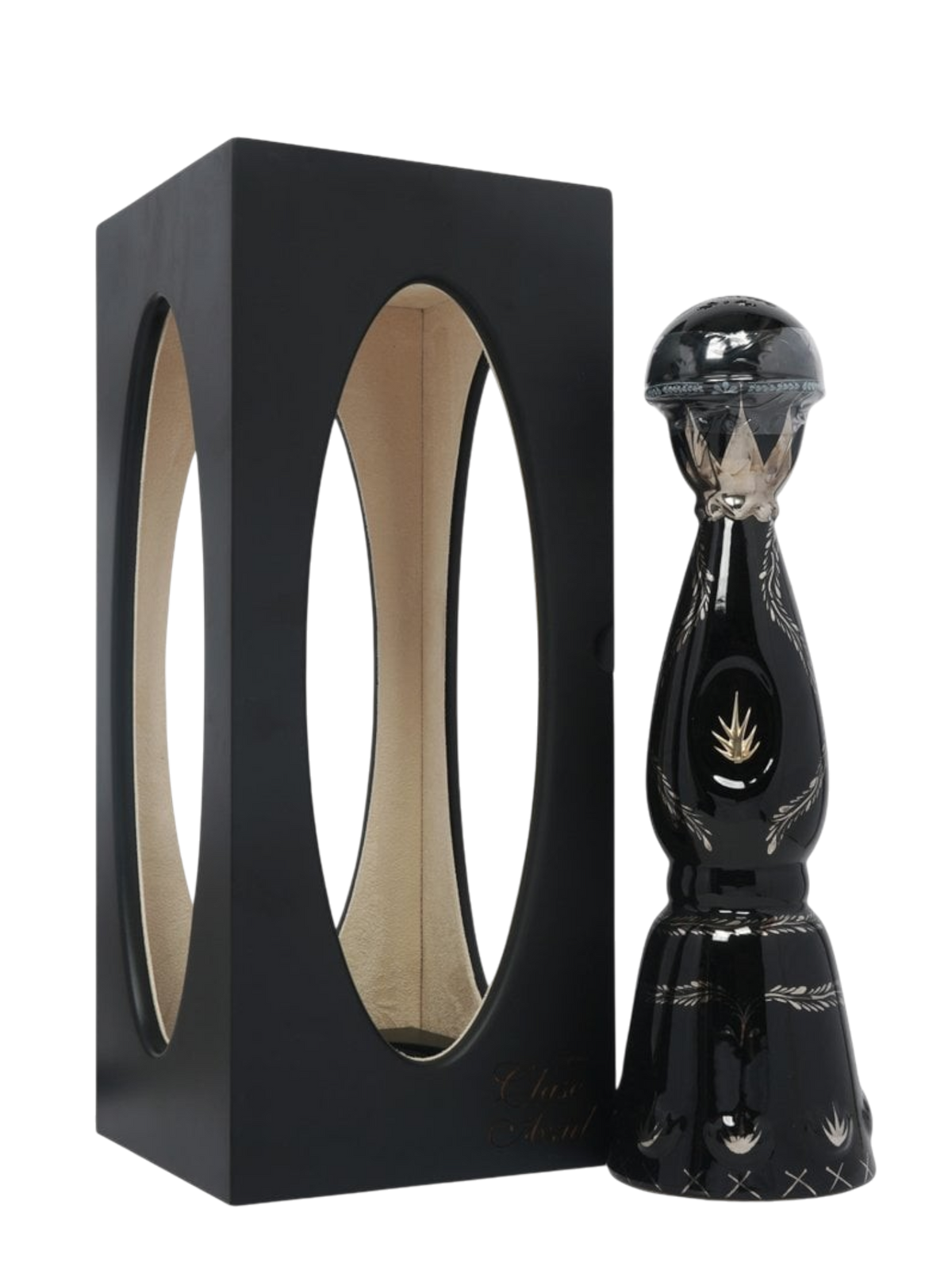 Preet's Liquors Clase Azul Ultra Extra Anejo Tequila bottle with platinum and gold details next to its black box.