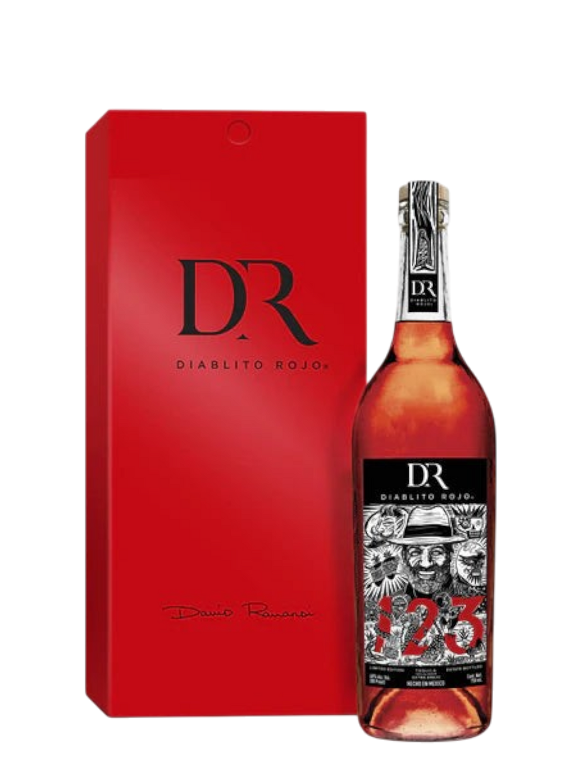 Preet's Liquors 123 Organic Tequila Diablito Rojo Extra Anejo in a glass bottle with a vibrant red gift box.