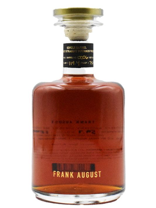Preet's Liquors Frank August Single Barrel cask strength bourbon whiskey in a clear glass bottle with gold cap
