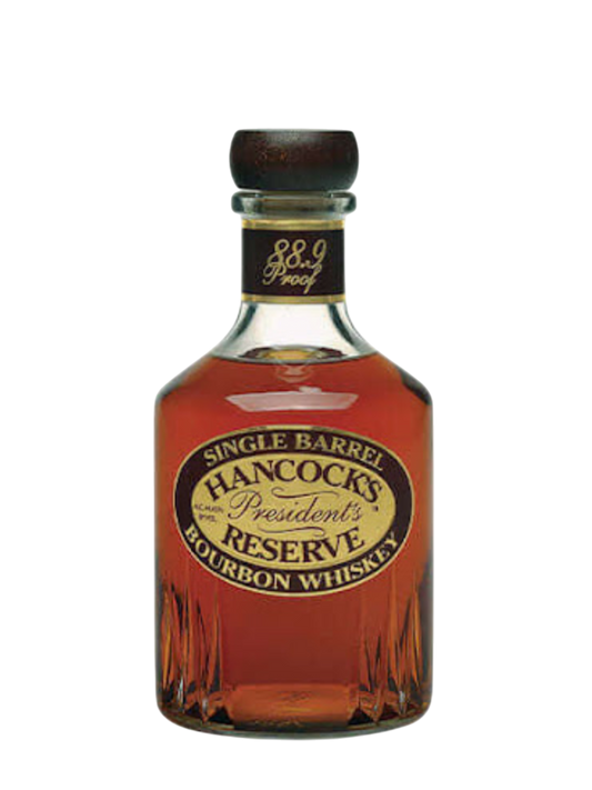 Preet's Liquors bottle of Hancock's Single Barrel Reserve Kentucky Straight Bourbon with a dark wooden stopper.