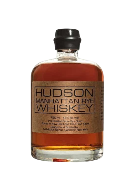 Preet's Liquors Hudson Manhattan Rye Whiskey bottle with a rustic paper label and black cap against a white background.