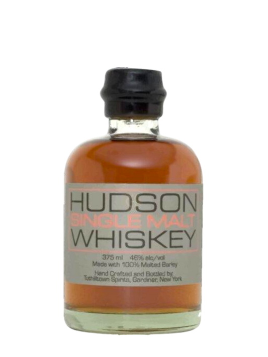 Preet's Liquors Hudson Single Malt Whiskey in a small glass bottle with a grey label and black cap