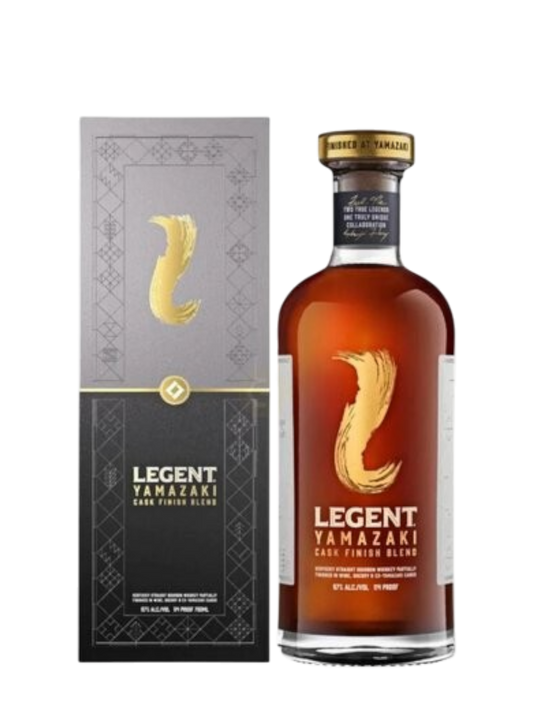 Preet's Liquors Legent Yamazaki Cask Finish Blend bourbon whiskey bottle with gold calligraphy and matching gift box