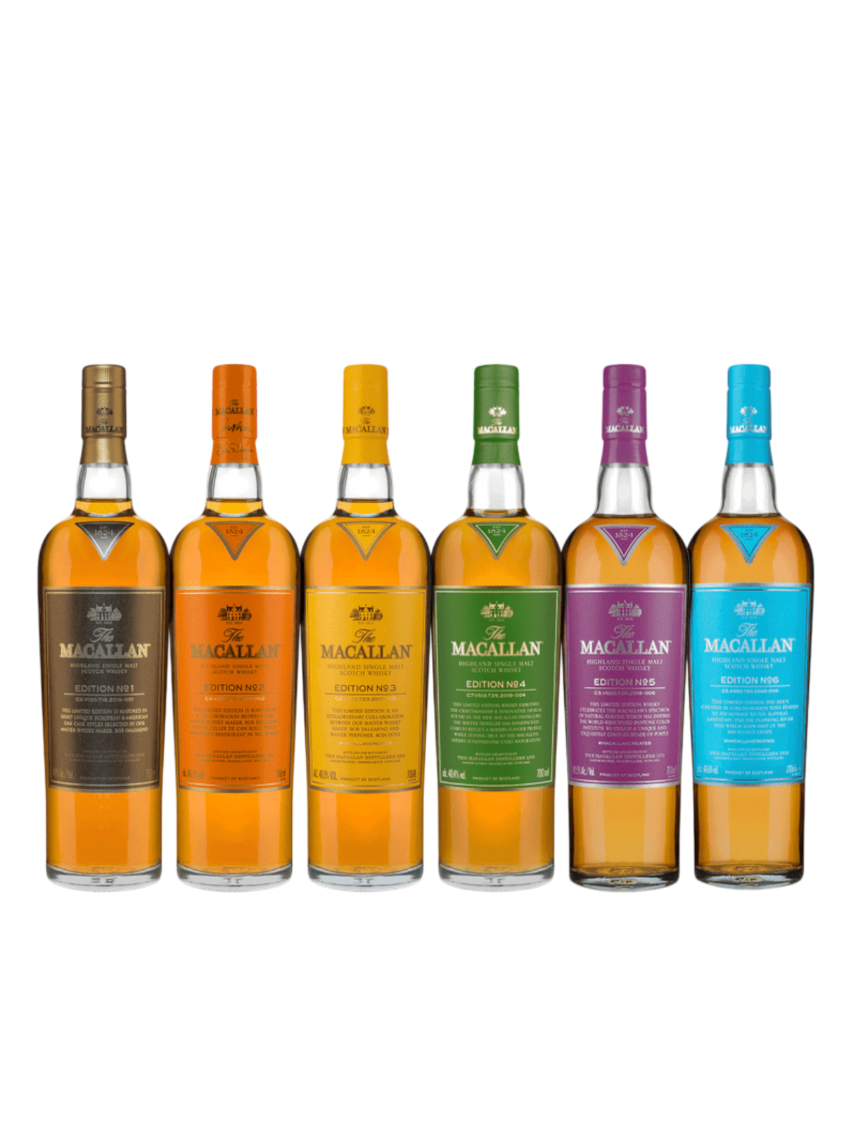 Preet's Liquors full set of six Macallan Edition single malt scotch whisky bottles with distinct coloured labels