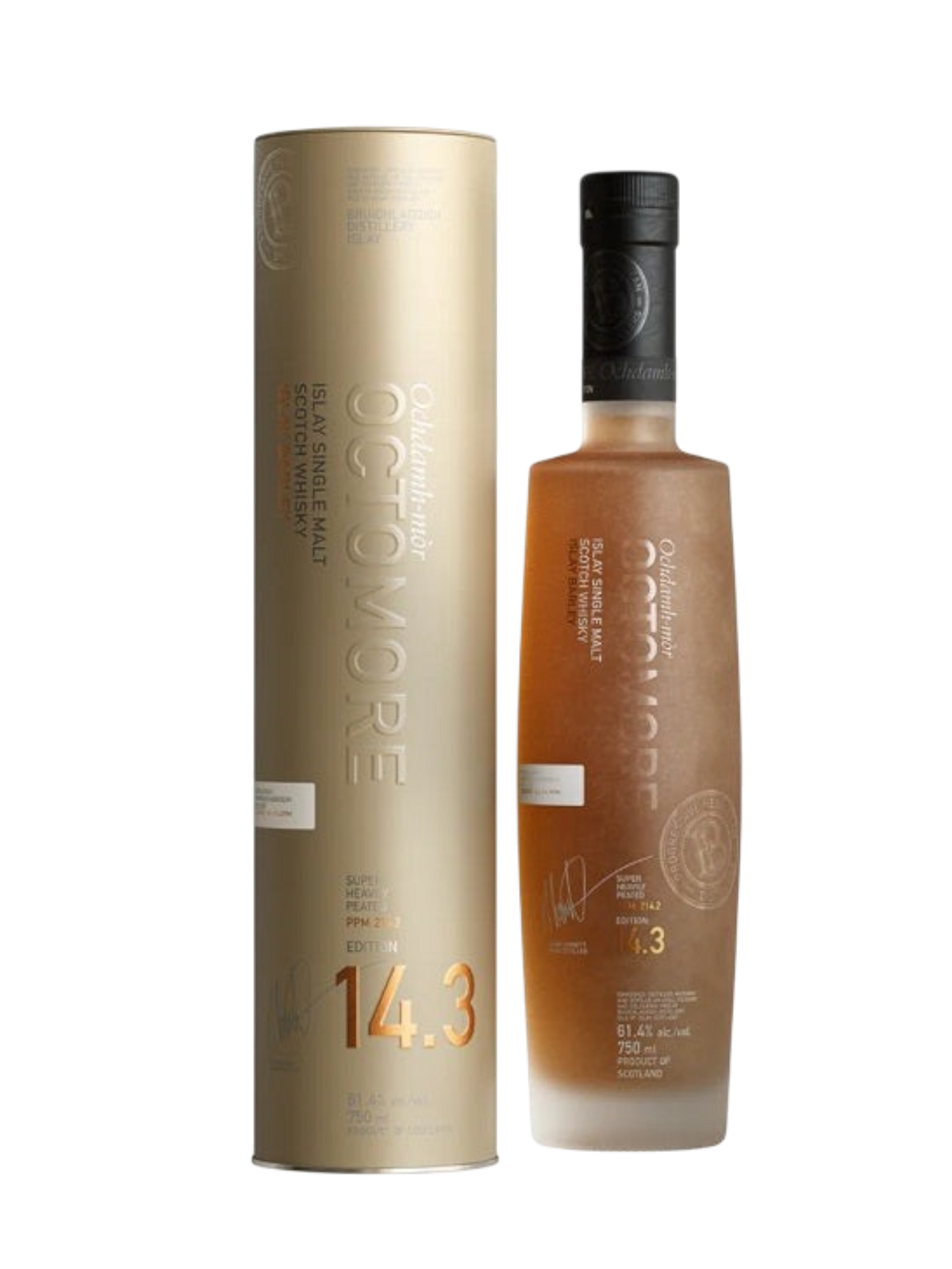 Preet's Liquors Bruichladdich Octomore 14.3 Islay single malt Scotch whisky bottle and gold presentation tube