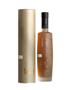 Preet's Liquors Bruichladdich Octomore 14.3 Islay single malt Scotch whisky bottle and gold presentation tube