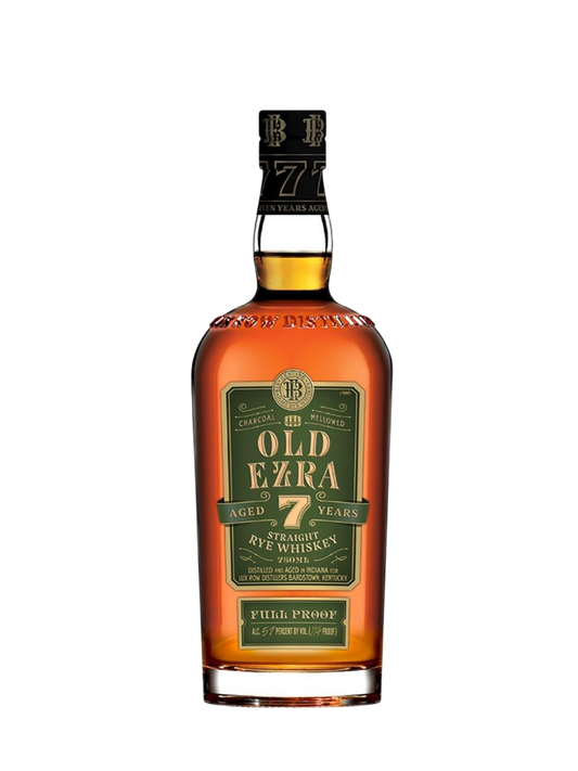 Preet's Liquors bottle of Old Ezra 7 Year Old barrel strength straight rye whiskey with a green label