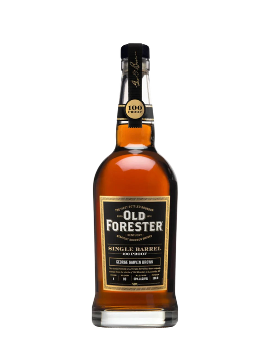 Preet's Liquors Old Forester Single Barrel 100 Proof bourbon whiskey bottle with gold label on white background