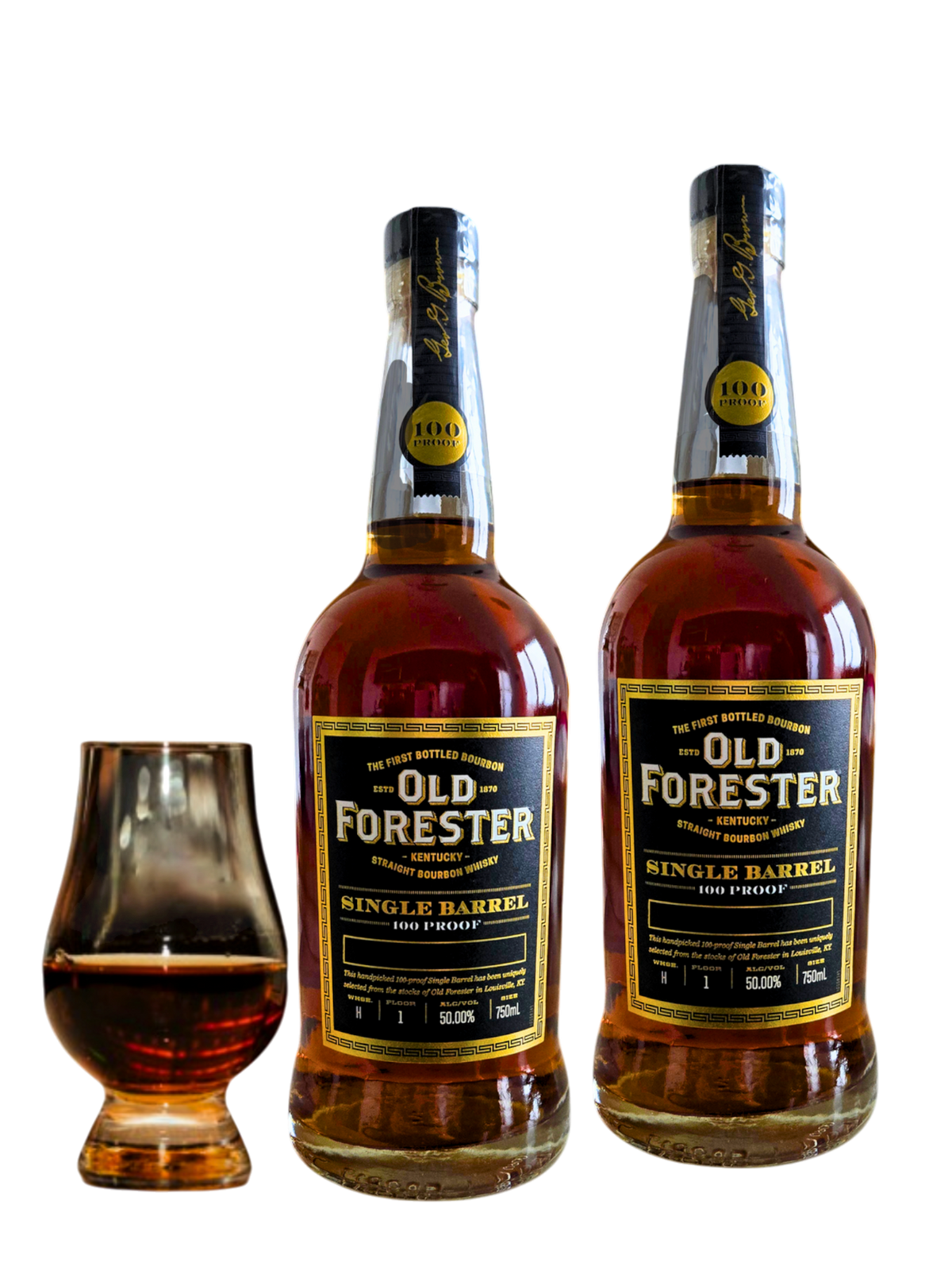 Two bottles of Preet's Liquors Old Forester Single Barrel 100 Proof bourbon whiskey with a glass of amber whiskey