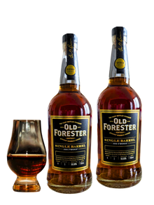 Two bottles of Preet's Liquors Old Forester Single Barrel 100 Proof bourbon whiskey with a glass of amber whiskey