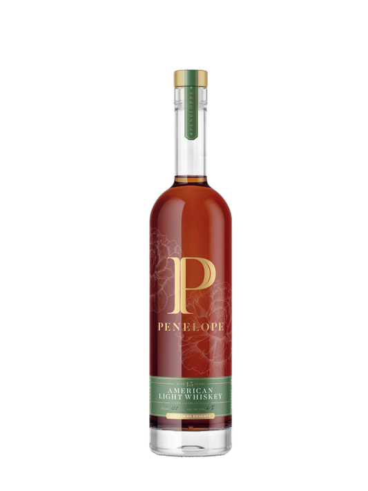 Preet's Liquors Penelope 15 Year Old Founders Reserve American Light Whiskey bottle with gold label and floral design