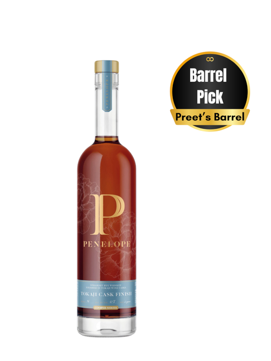 Preet's Liquors Penelope Tokaji Cask Finish Straight Rye Whiskey bottle with gold branding and barrel pick emblem.