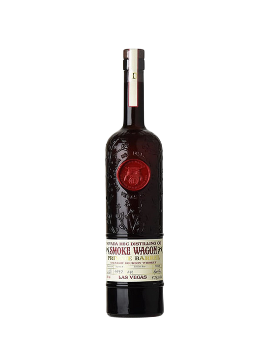 Preet's Liquors Smoke Wagon Private Barrel 8 Years Old bourbon whiskey bottle with embossed glass and red wax seal
