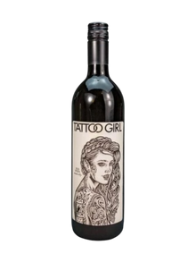 Preet's Liquors Tattoo Girl Red Blend wine bottle featuring a detailed black and white tattoo art label design.