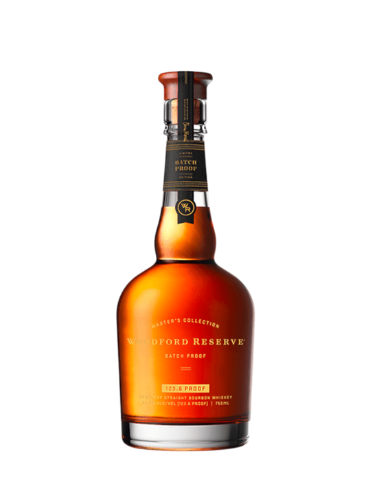 Preet's Liquors Woodford Reserve Batch Proof 123.6 Kentucky straight bourbon whiskey in a 750ml glass bottle.