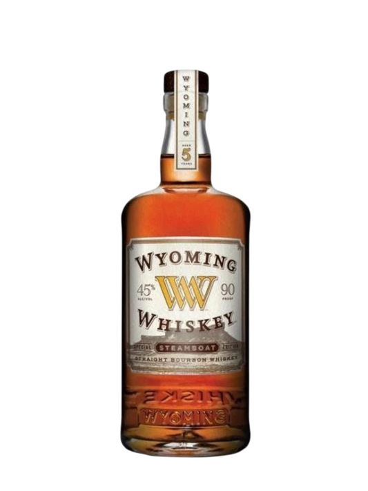 Preet's Liquors Wyoming Whiskey Steamboat Special Edition bourbon bottle with 5-year age statement and amber liquid